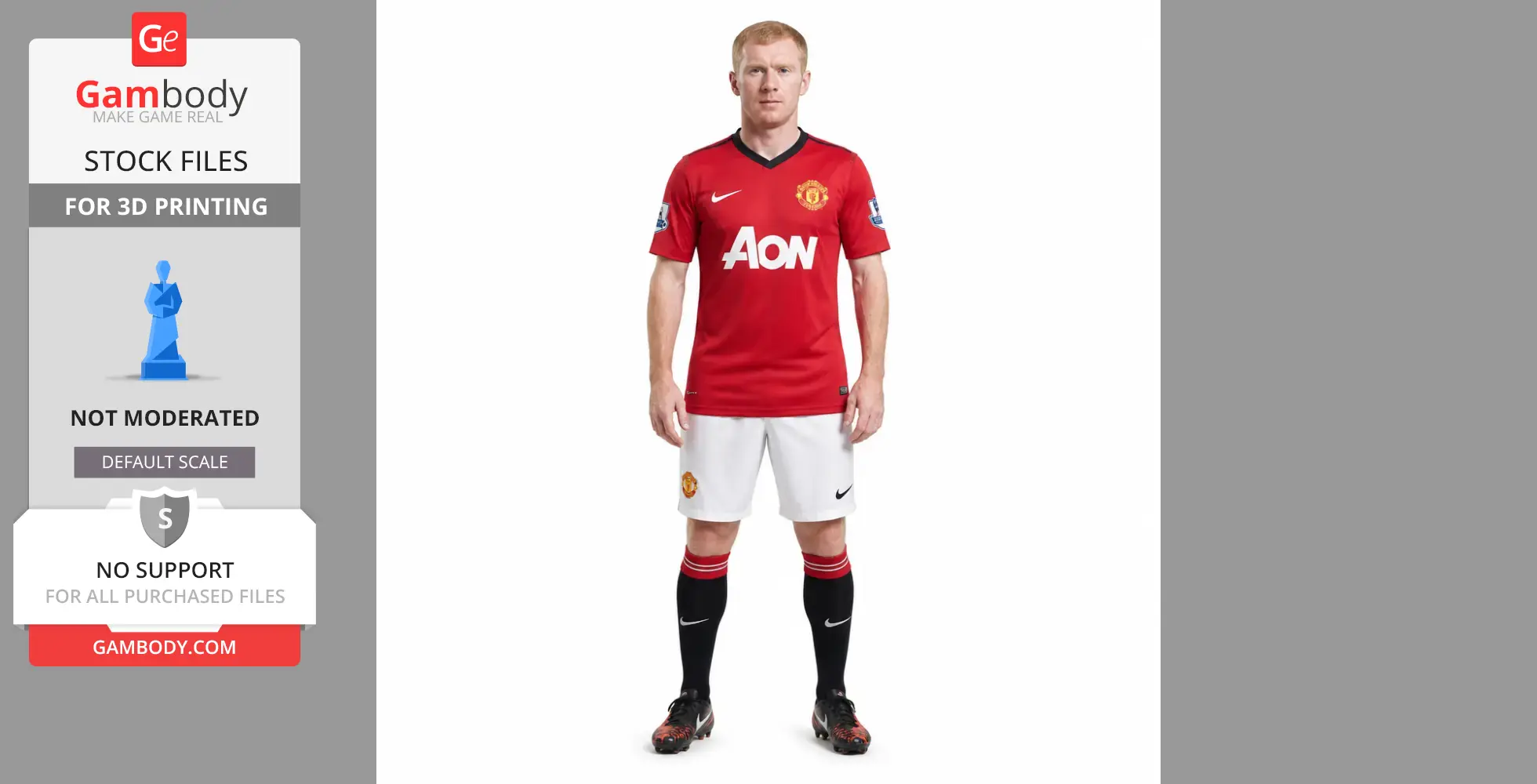 Figurine of a soccer player in red and white uniform, designed for 3D printing by Gambody.