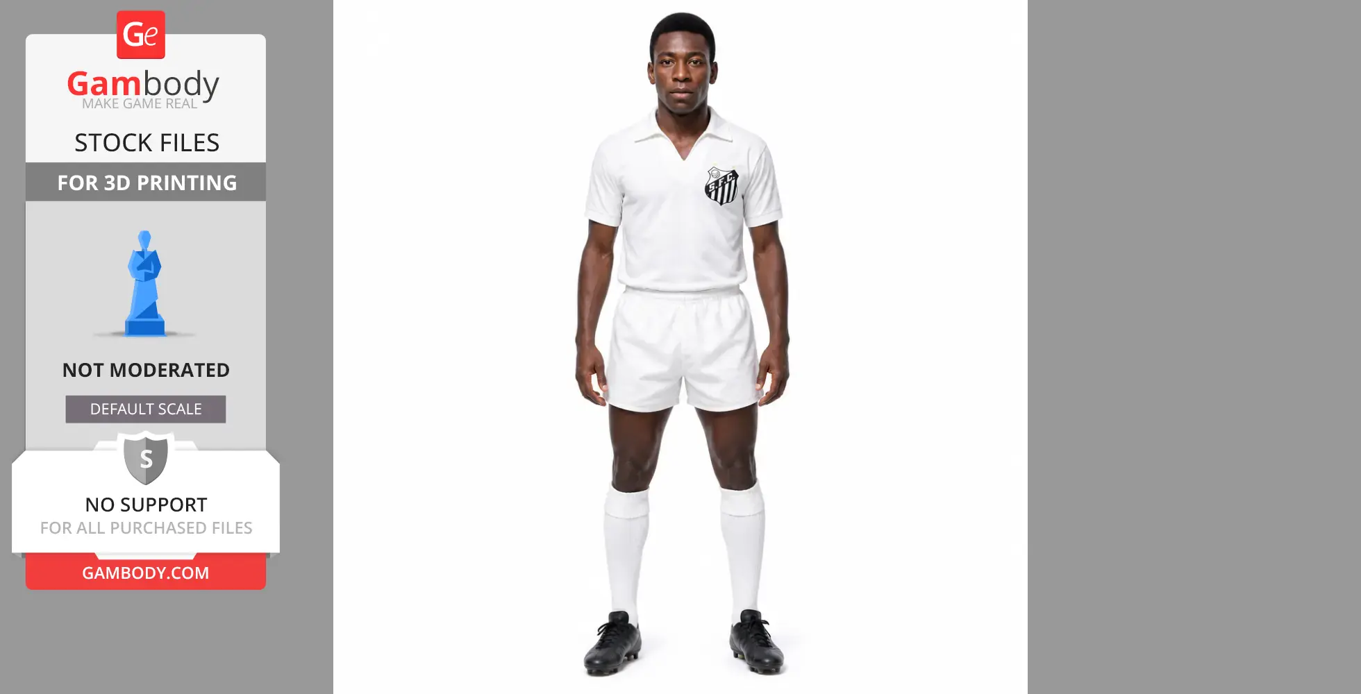 A figurine model of a soccer player in a white uniform, available for 3D printing.