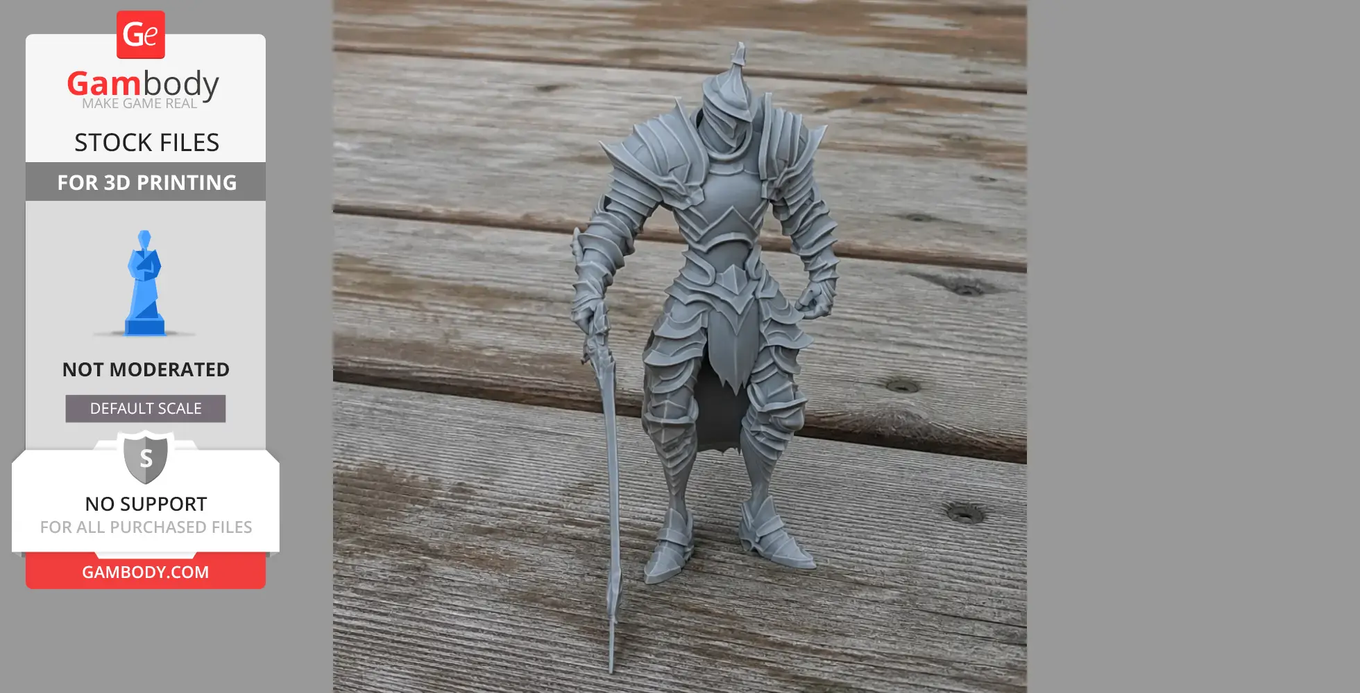 A 3D-printed medieval knight in detailed armor, standing on wood, holding a sword.