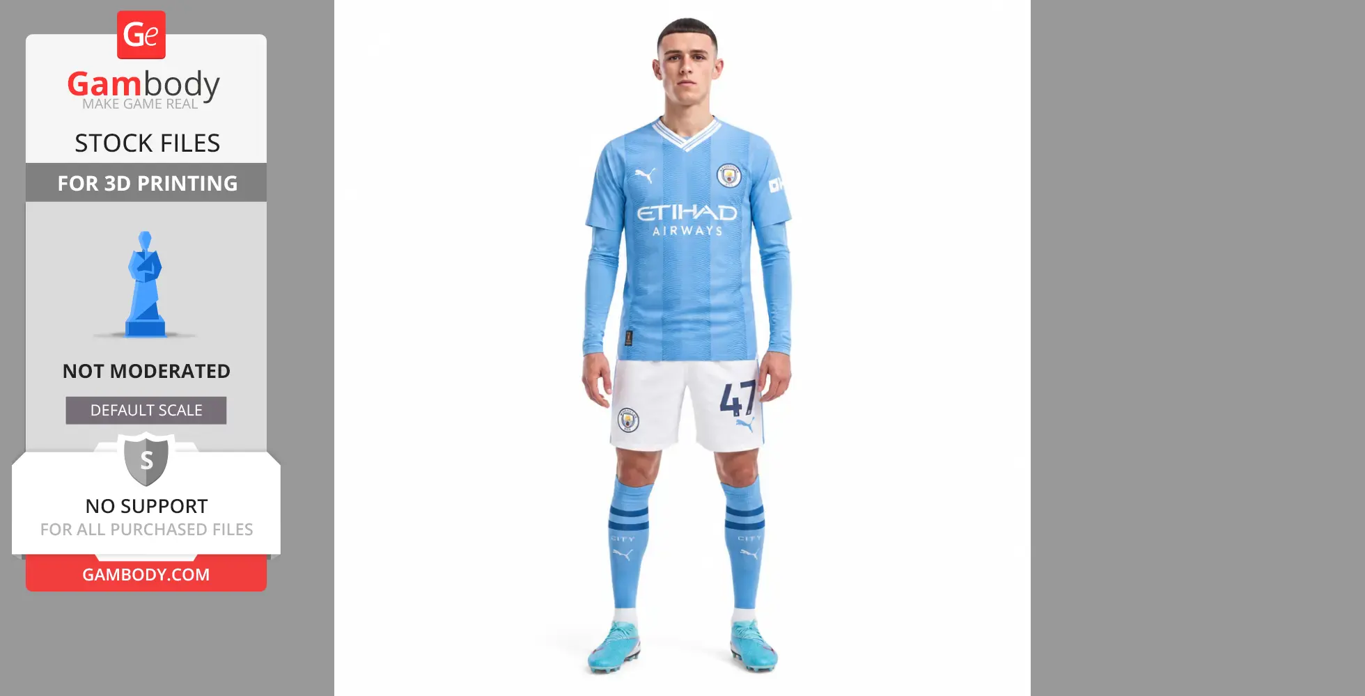 A 3D model of a soccer player in a blue and white uniform, suitable for printing.