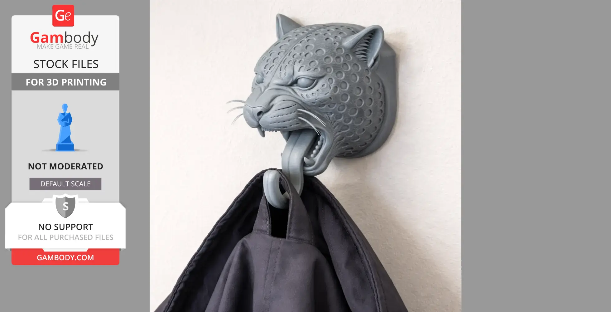 Jaguar head mount with open mouth acts as coat and key holder, hung with a jacket.
