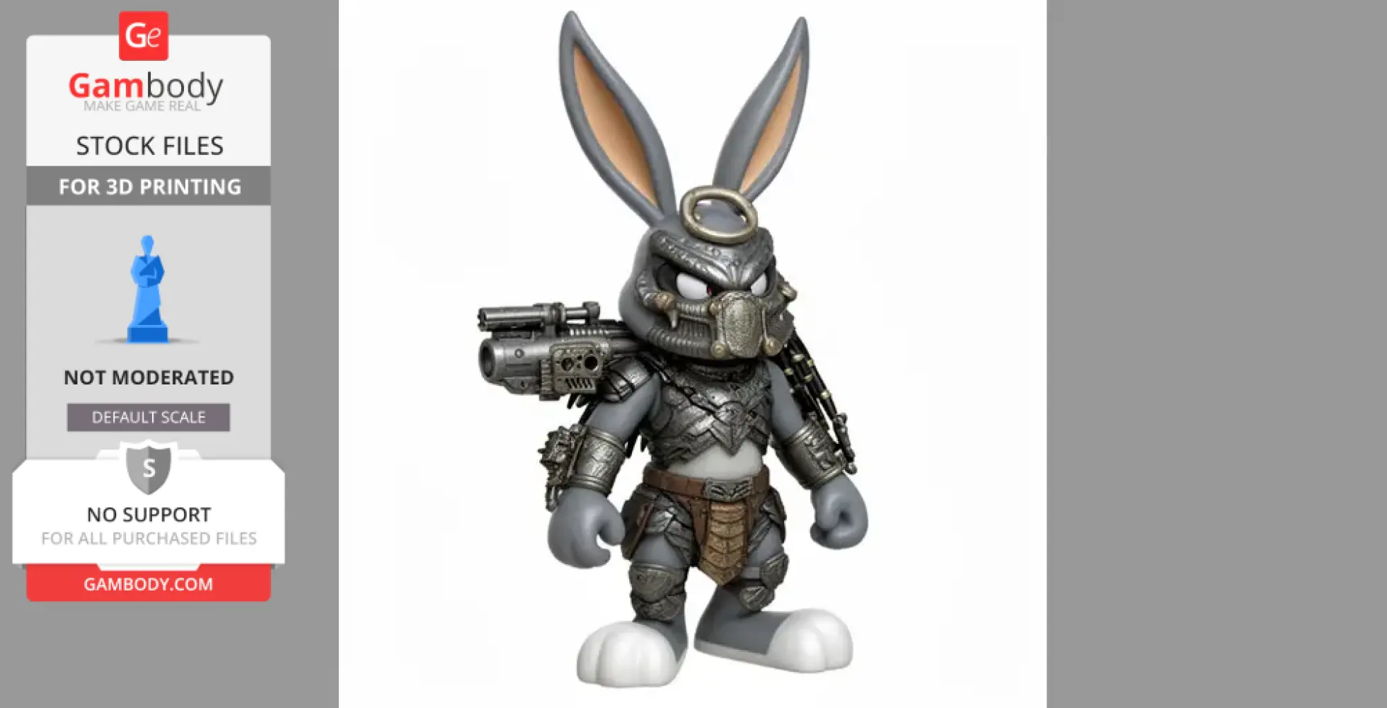 Anthropomorphic rabbit in sci-fi armor with a metallic mask and tech gear on the back.