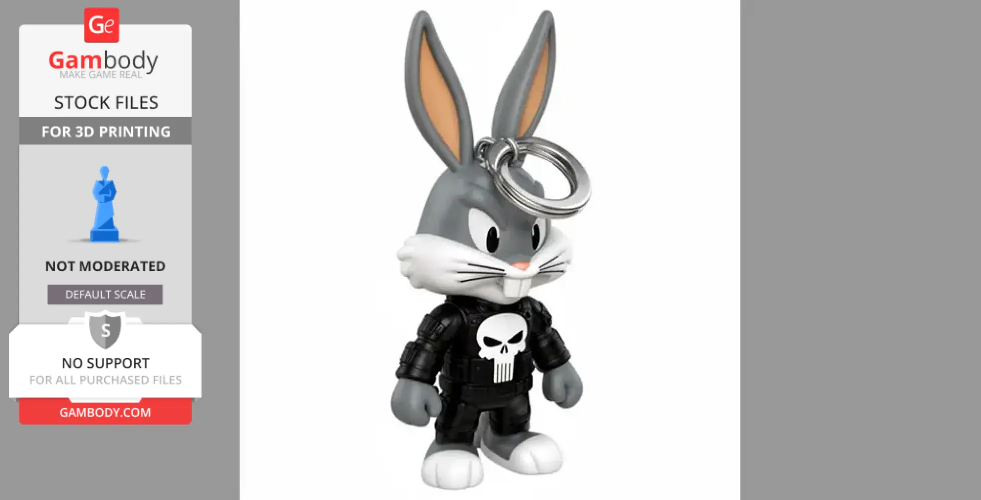 Cartoon rabbit wearing a skull-printed suit, with a keyring loop on its ear, 3D model for printing.