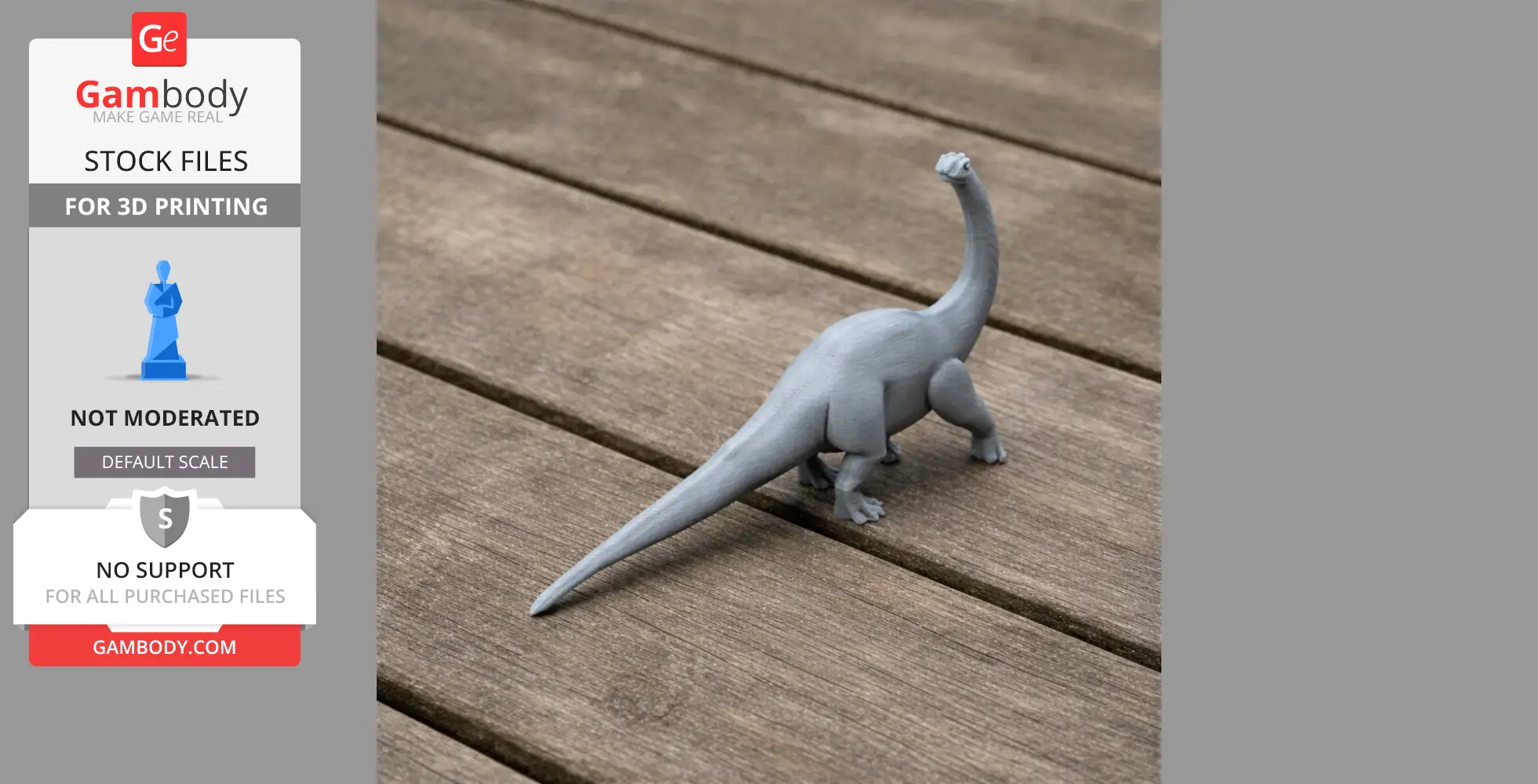 3D-printed Melanorosaurus model on a wooden surface, viewed from behind.