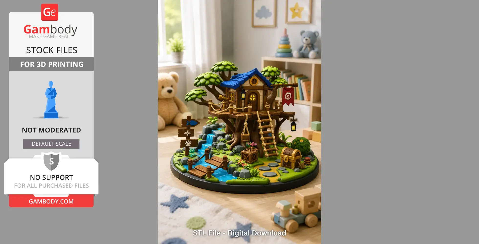 A whimsical treehouse on a round base with ladders, a waterfall, and lush greenery, perfect for 3D printing.