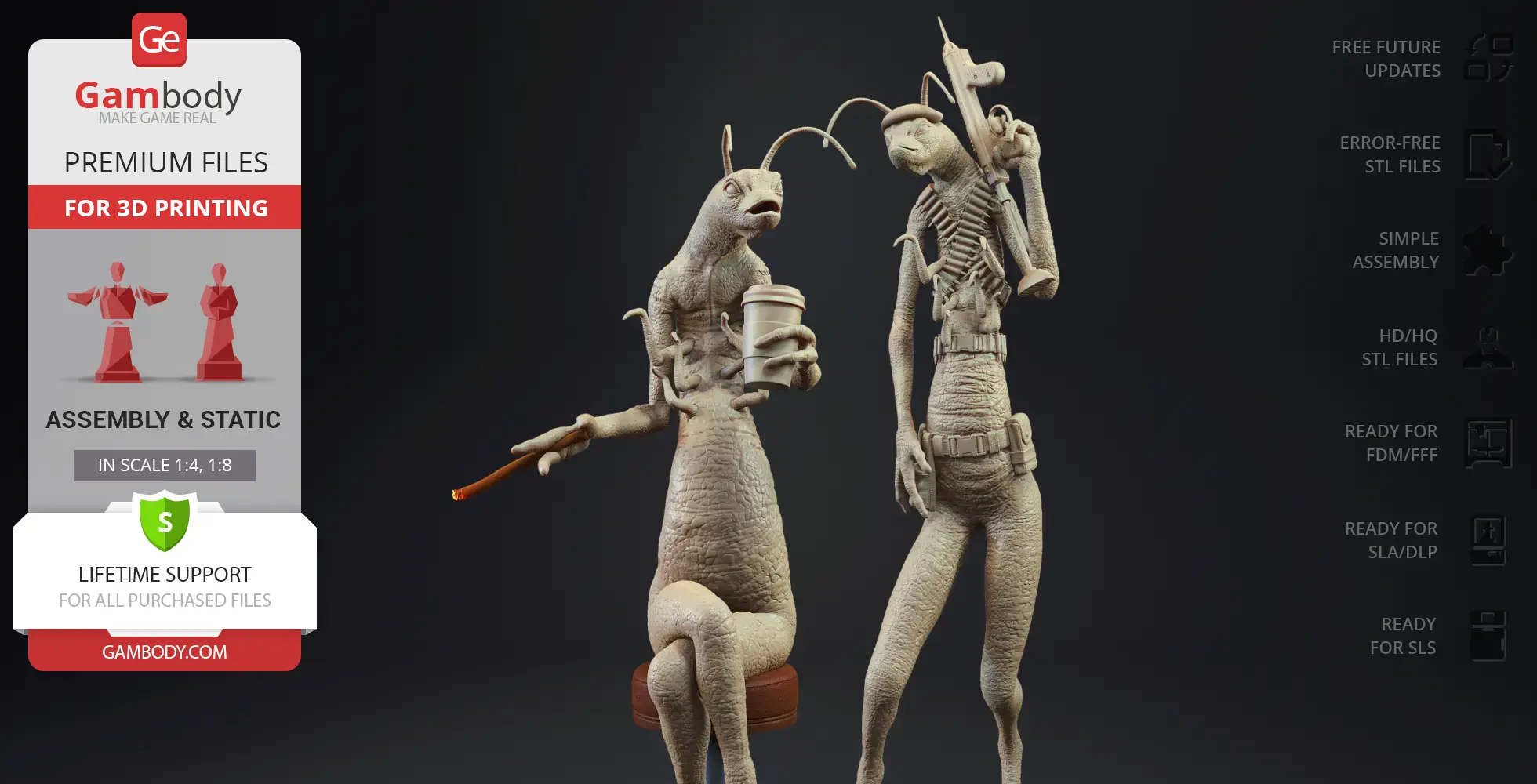 Two anthropomorphic worms; one is sitting with coffee, the other stands with a gun.