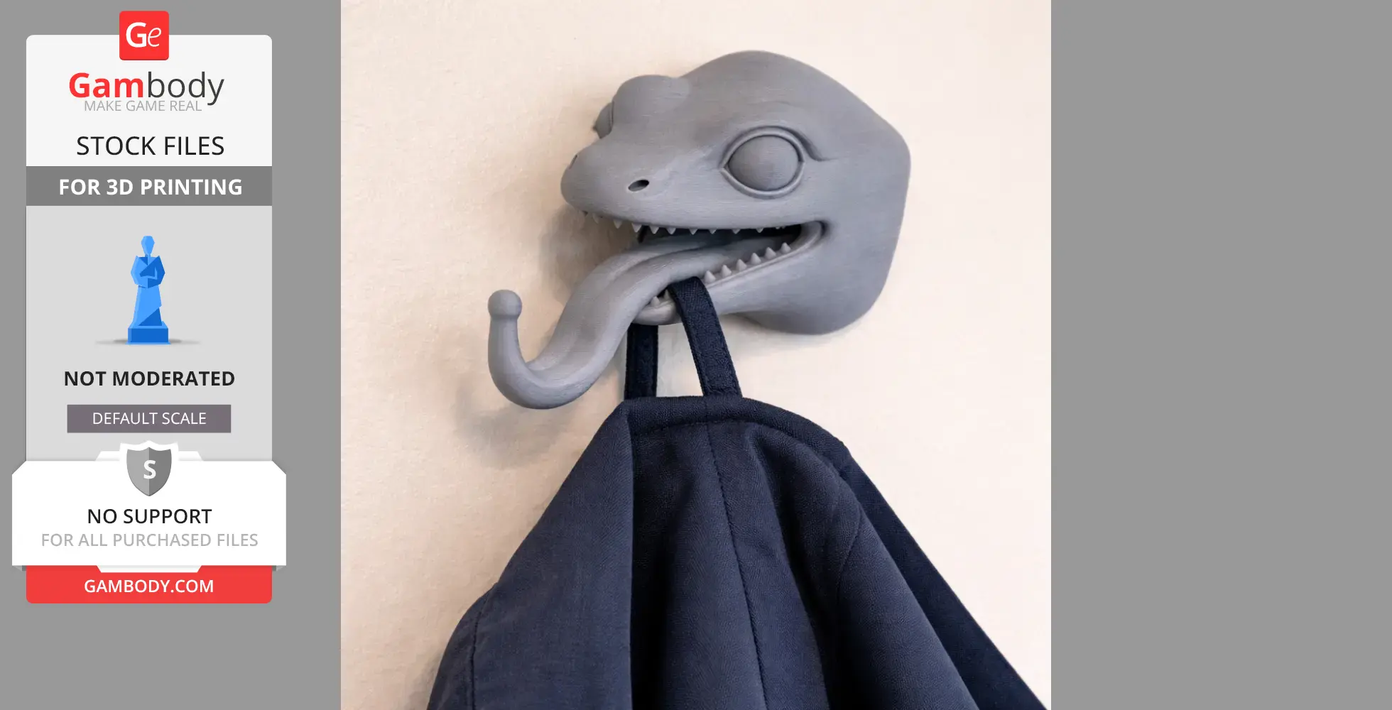 3D-printed salamander head wall hook with an open mouth holding a coat.