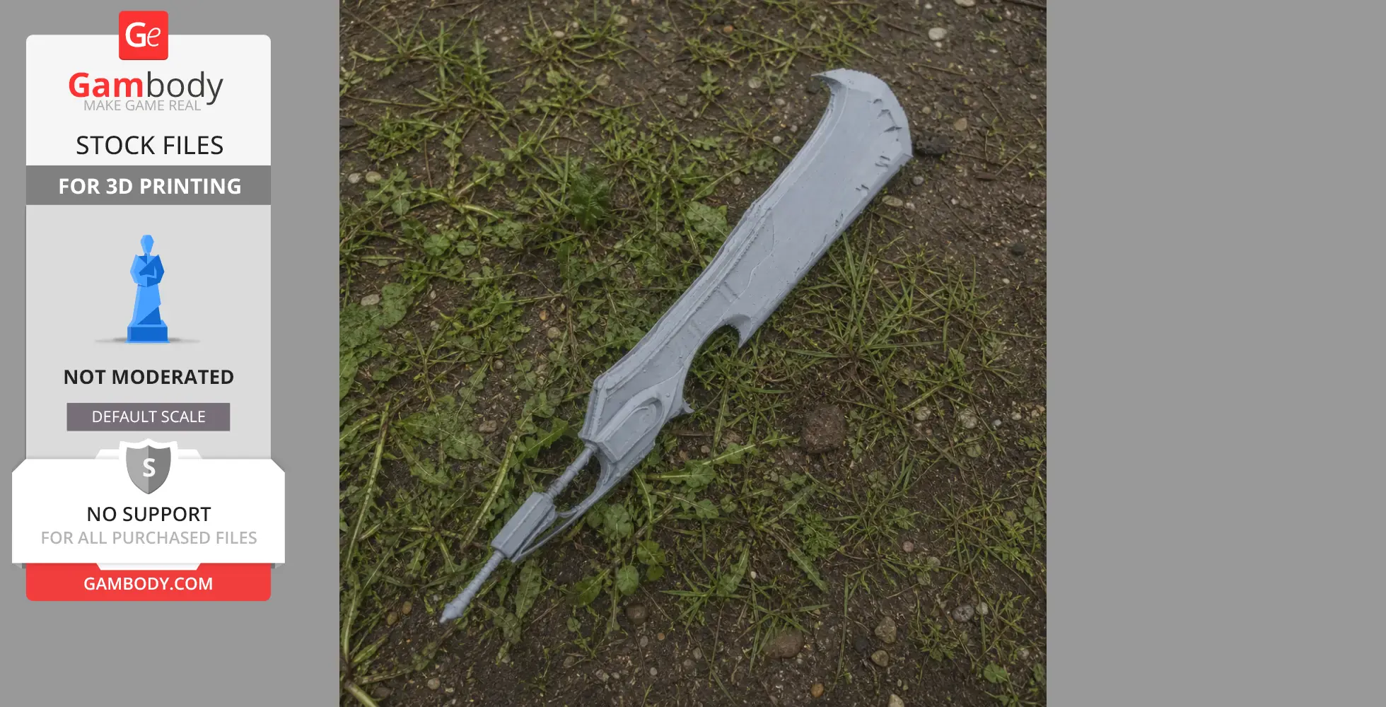 Gray, detailed cosplay prop sword with a curved blade, lying on grass and dirt.
