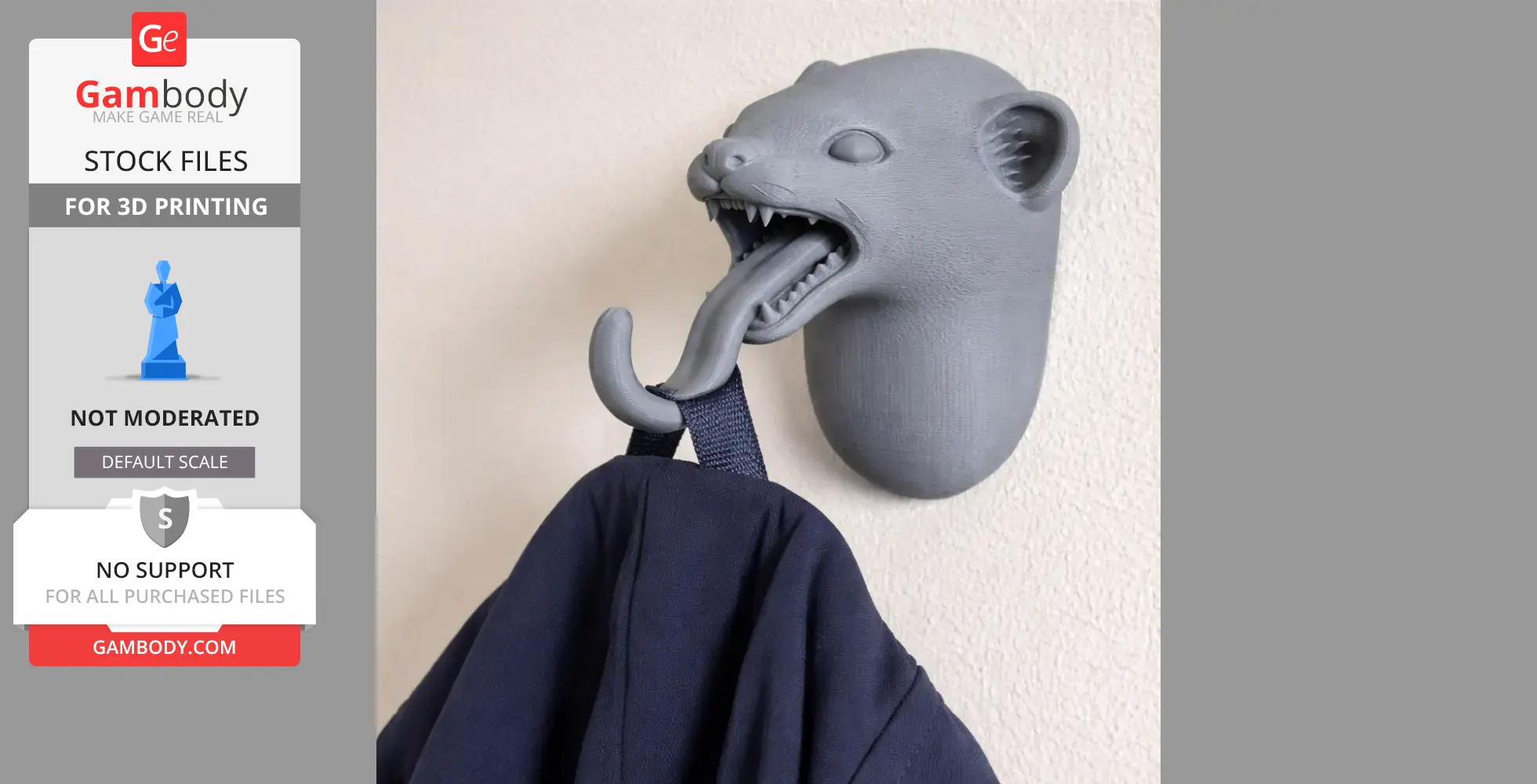 A 3D-printed stoat head wall hook, holding a coat via a hook extending from its mouth.