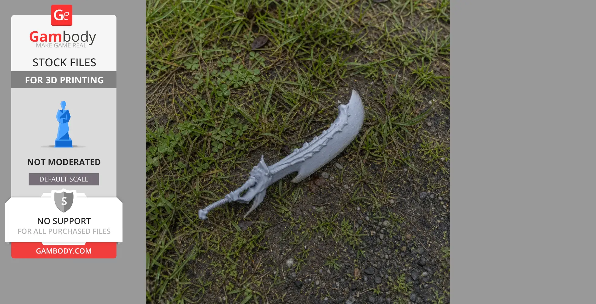 A detailed, curved fantasy sword prop for cosplay lying on grass and dirt.