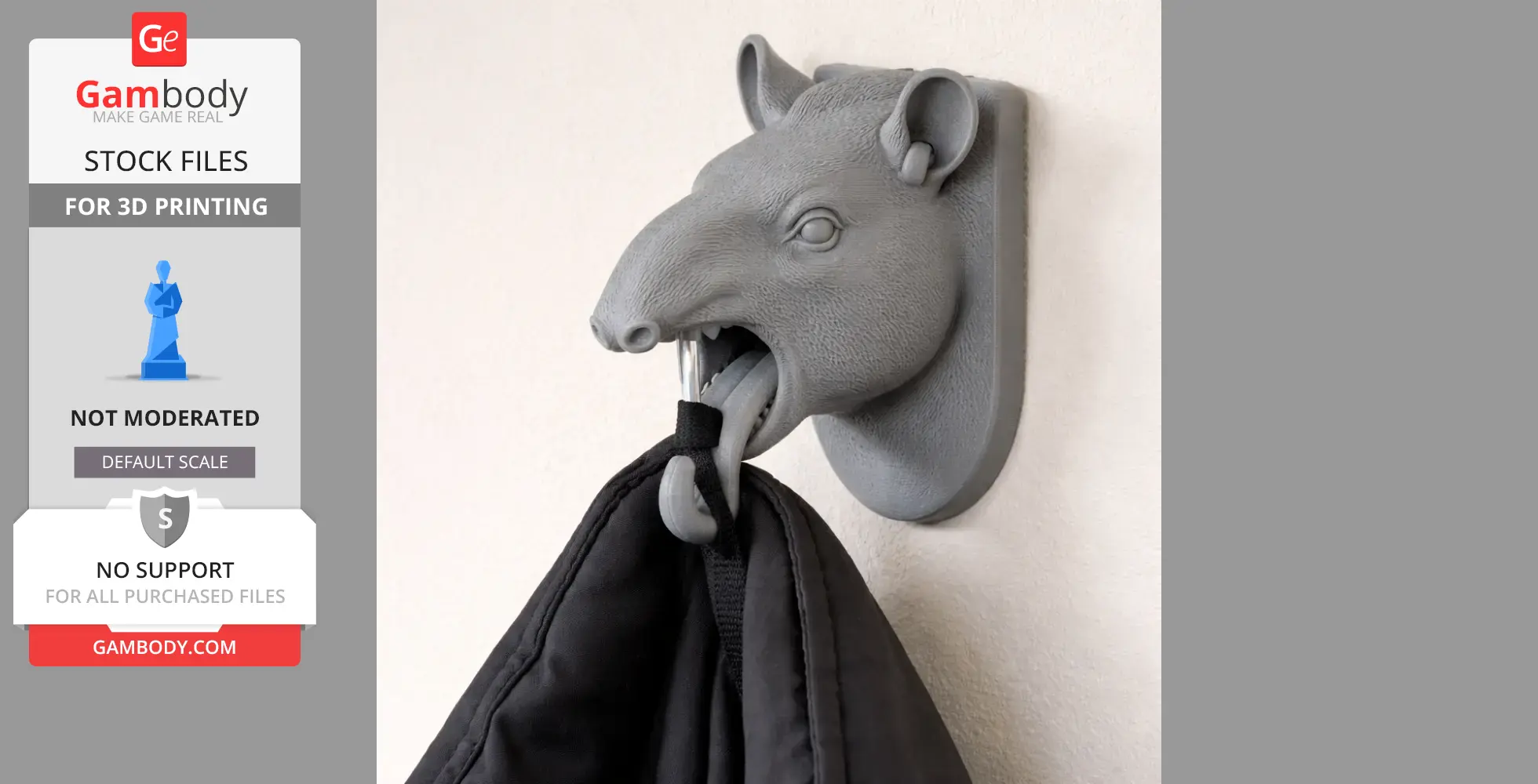 A tapir head wall hanger holding a black coat, designed for 3D printing.