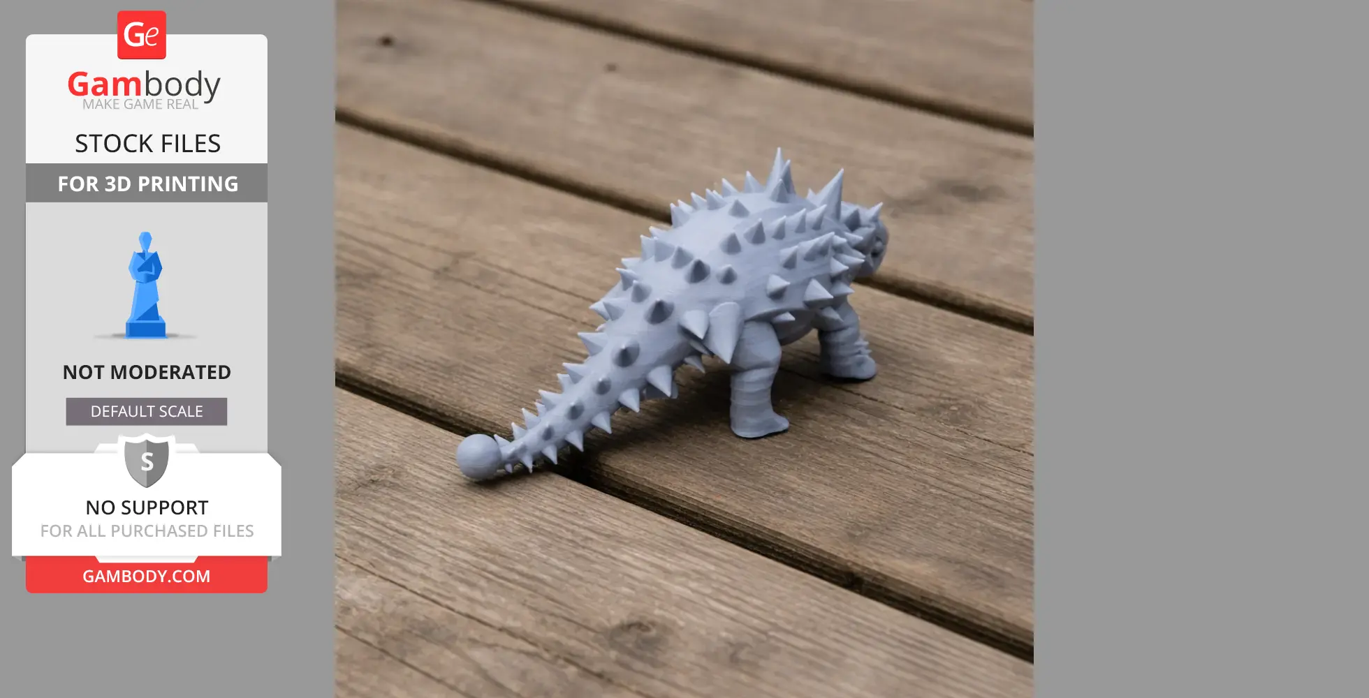 Gray, spiky 3D-printed dinosaur model on a wooden surface.