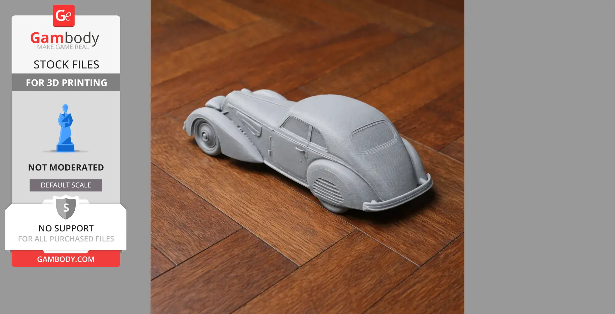 3D printed model of an Alfa Romeo 8C 2900 on a wooden floor.
