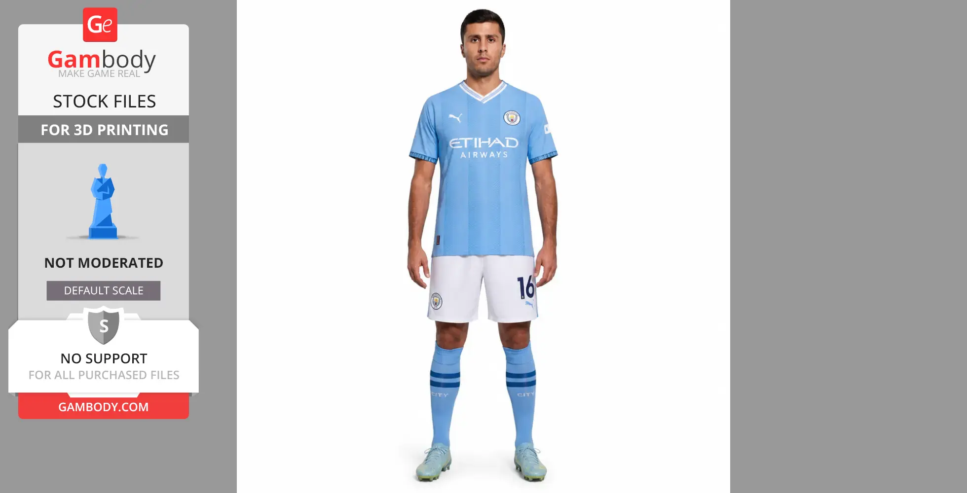 A 3D model of a soccer player in a light blue jersey and white shorts, ready for printing.