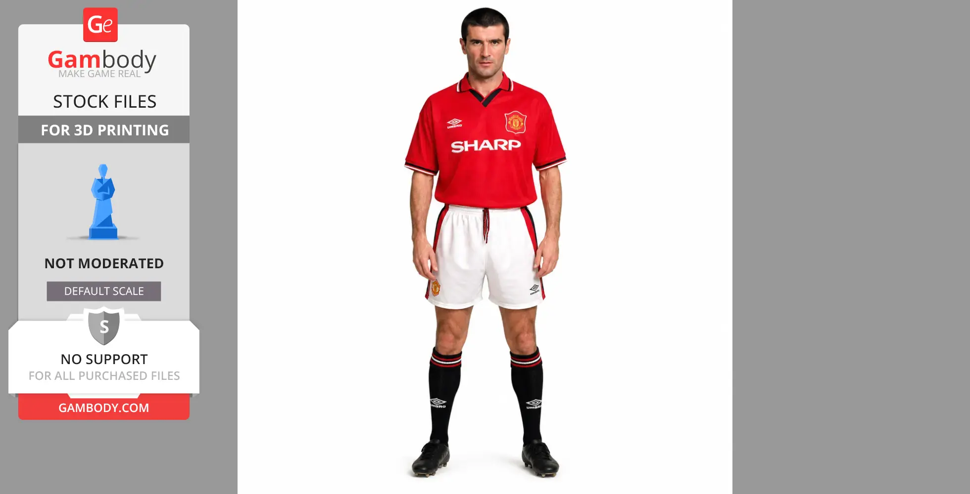 3D figurine model of a man in a red and white sports uniform for printing, shown on Gambody stock file preview.