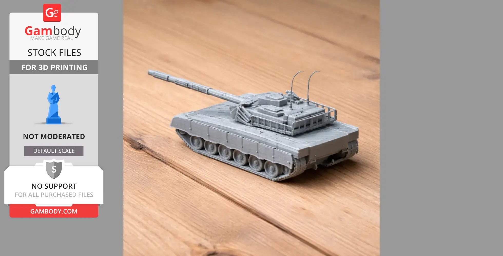 3D-printed model of an Al-Khalid tank displayed on a wooden surface.