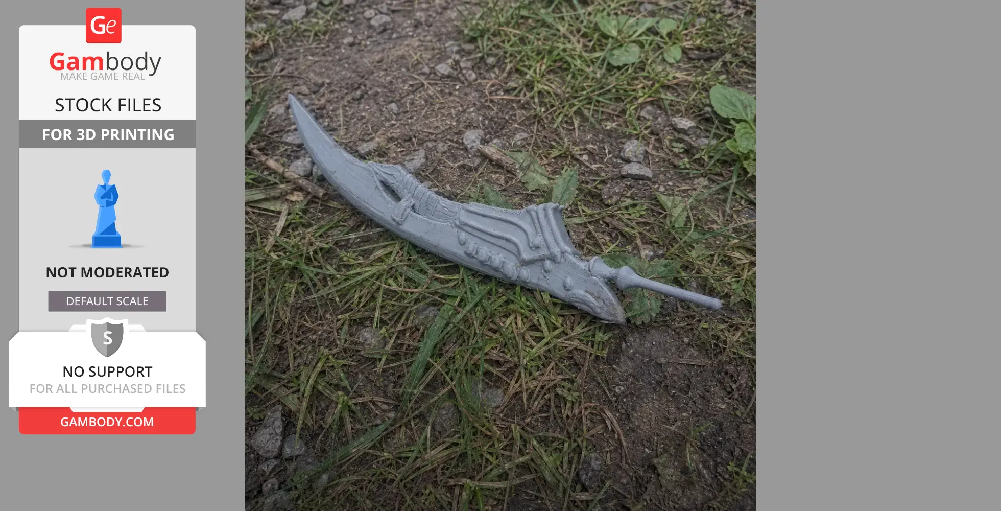 A detailed, gray 3D-printed sword prop with intricate designs, placed on grass and dirt.
