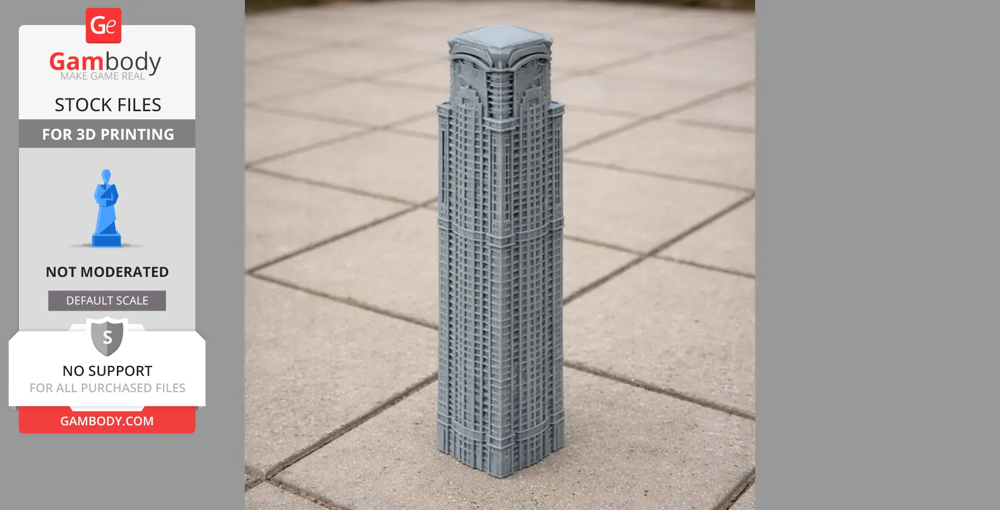 A detailed 3D-printed model of a tall, intricately designed skyscraper on a tiled surface.