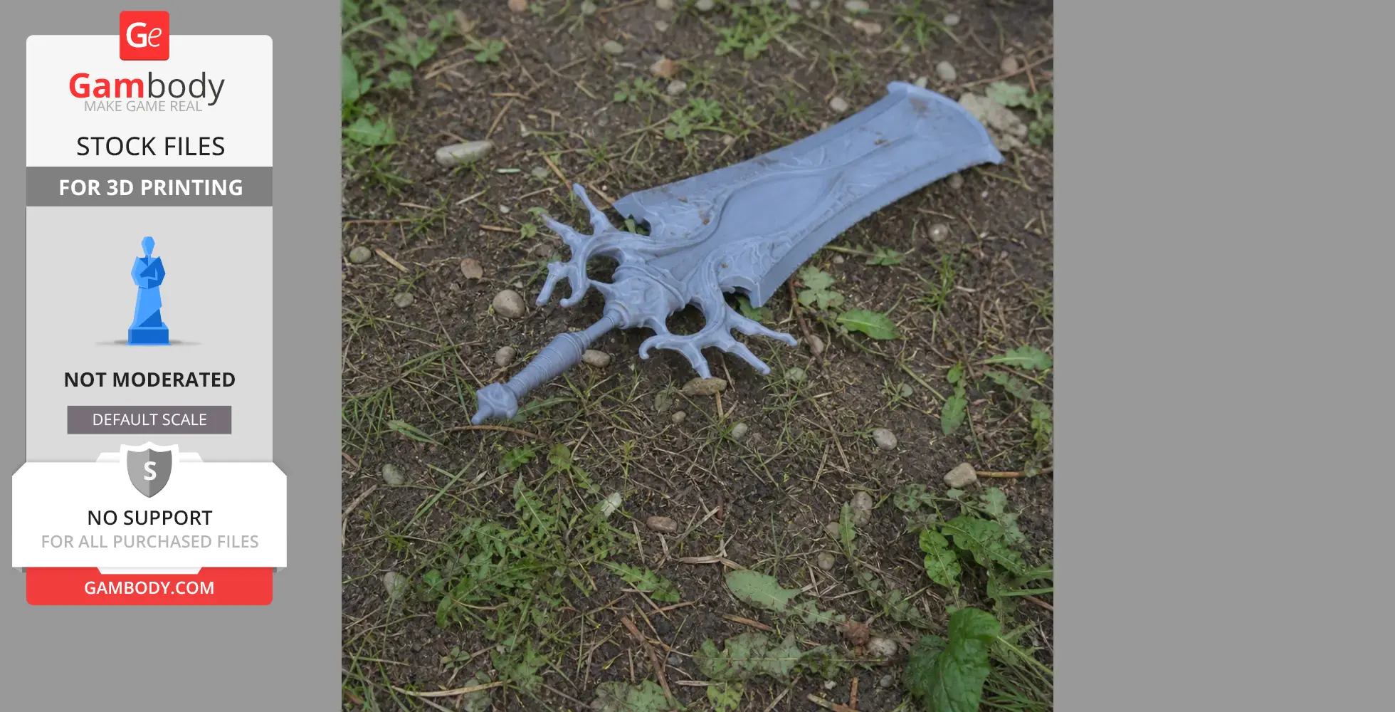 A detailed, ornate fantasy sword prop lies on grassy ground, designed for 3D printing.