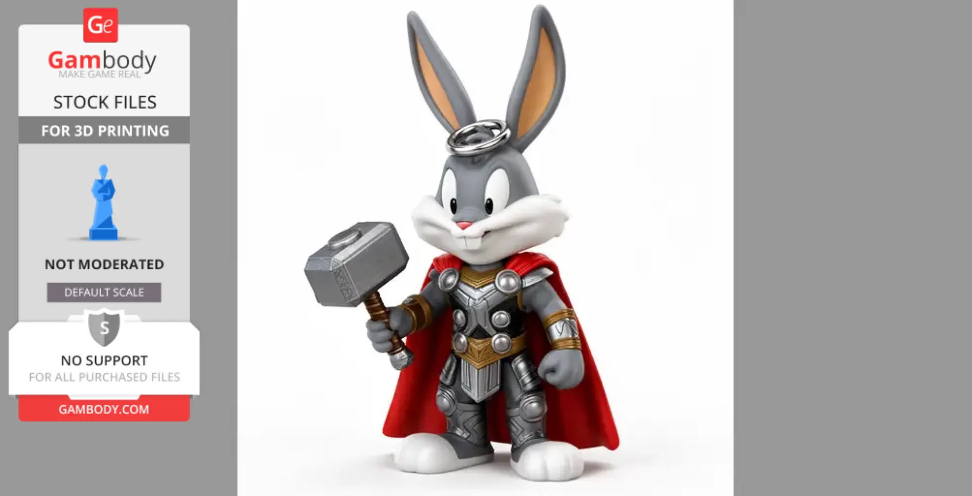 A cartoon rabbit dressed as a superhero with a red cape, holding a hammer.