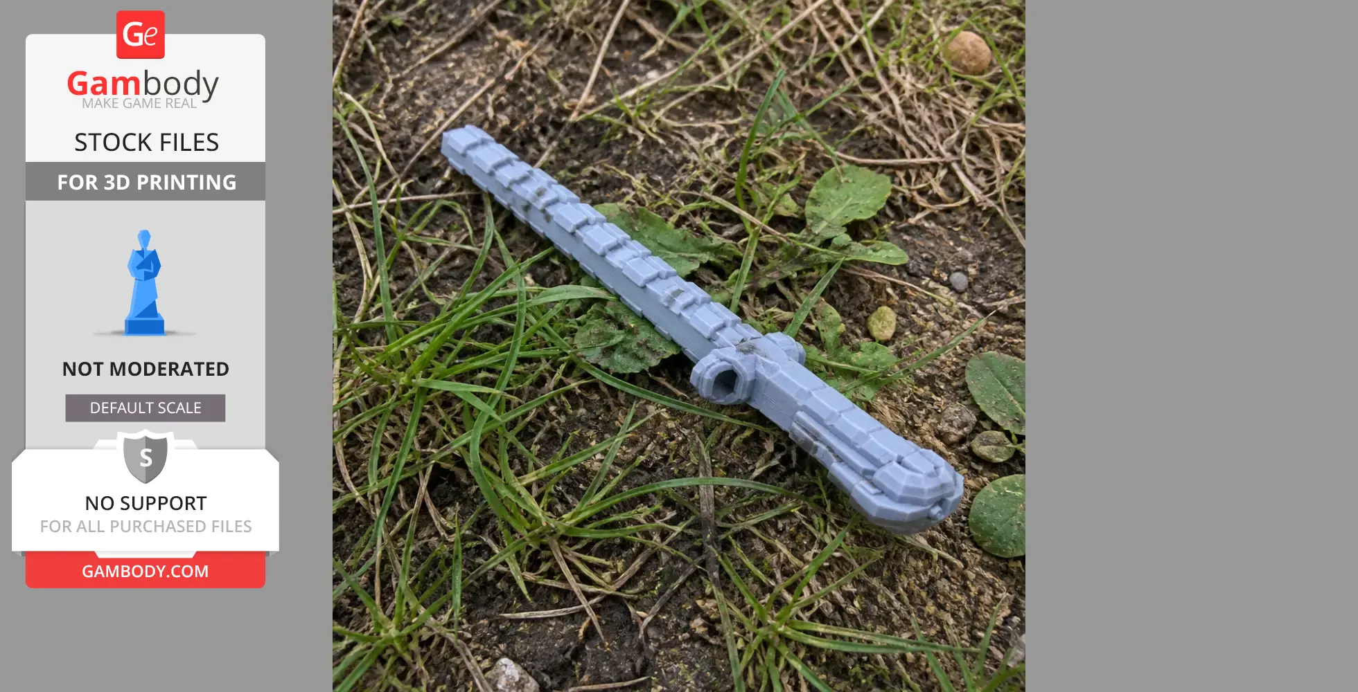 A gray, 3D-printed electric baton prop from Cyberpunk 2077 lays on grass and dirt.