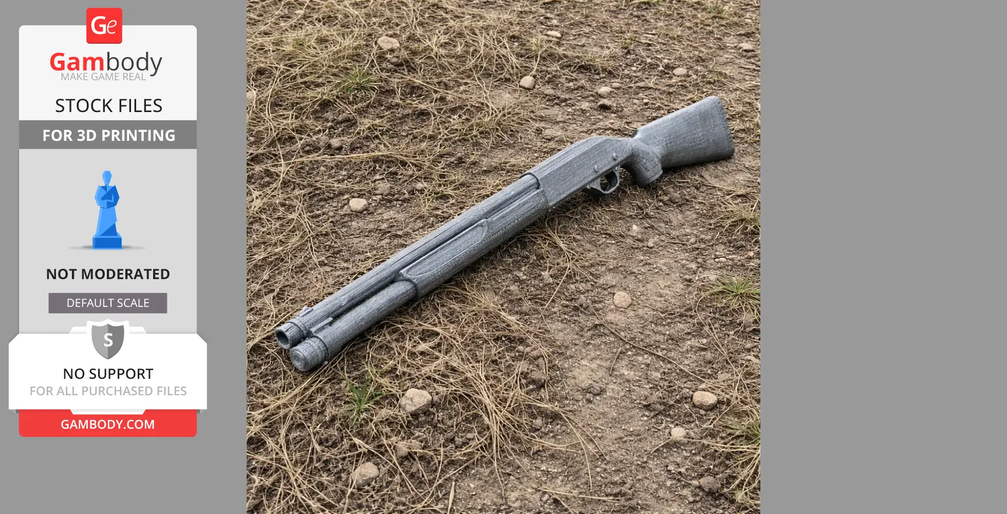 Gray 3D-printed replica of a Fabarm SDASS shotgun prop on grass and dirt ground.