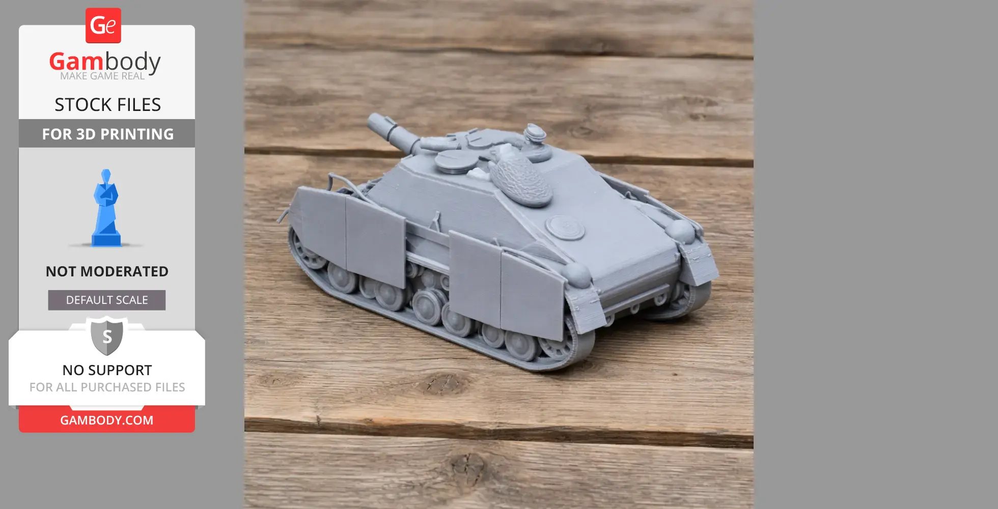 Grey 3D-printed Brummbar tank model on a wooden surface, detail displayed for 3D printing.