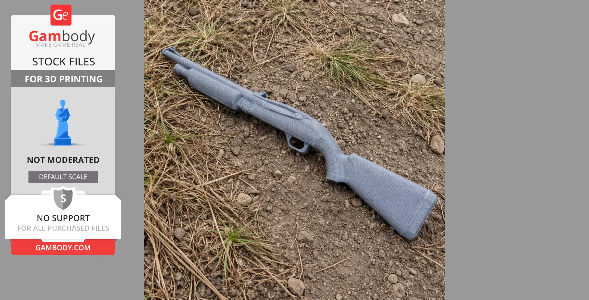 3D printed FN P-12 cosplay prop placed on gravel with sparse grass.