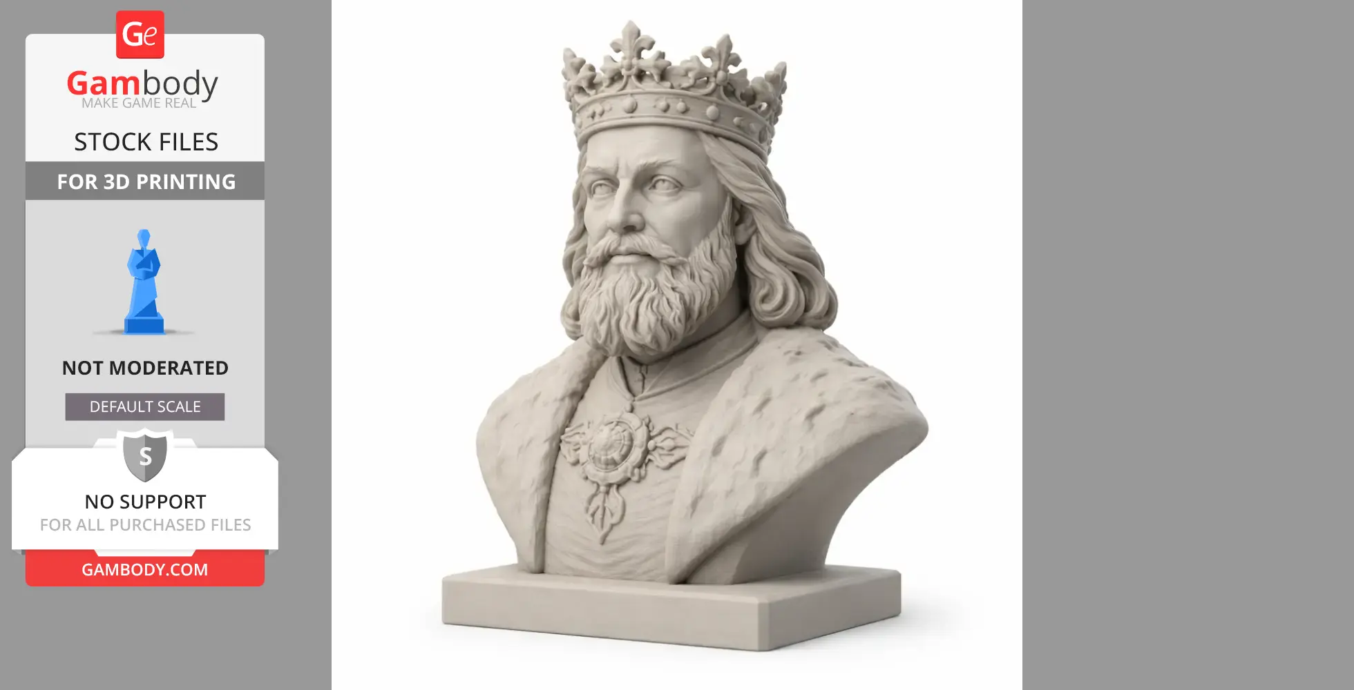 A detailed 3D bust of a bearded king wearing a crown and ornate cloak.