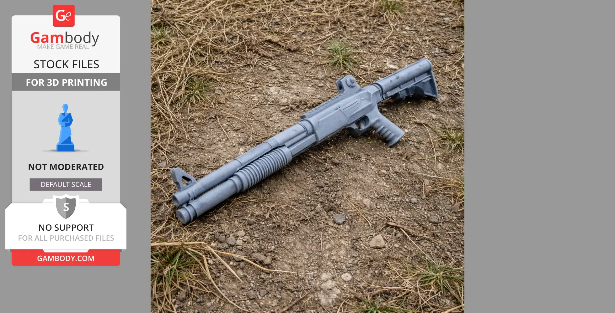 A detailed 3D-printed prop resembling a tactical shotgun on rocky ground.