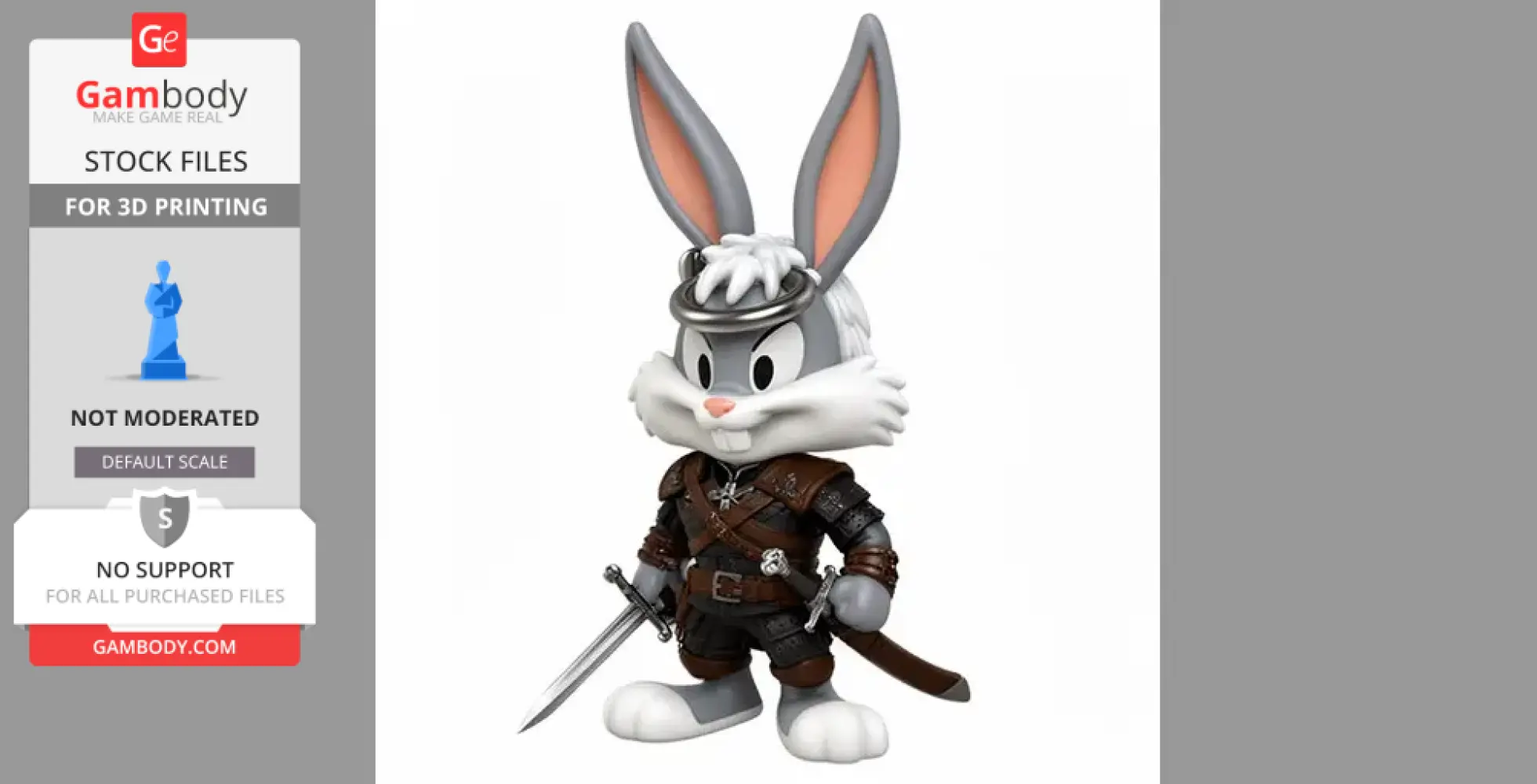 Cartoon rabbit with long ears in fantasy warrior armor, holding a sword and wearing a scabbard.
