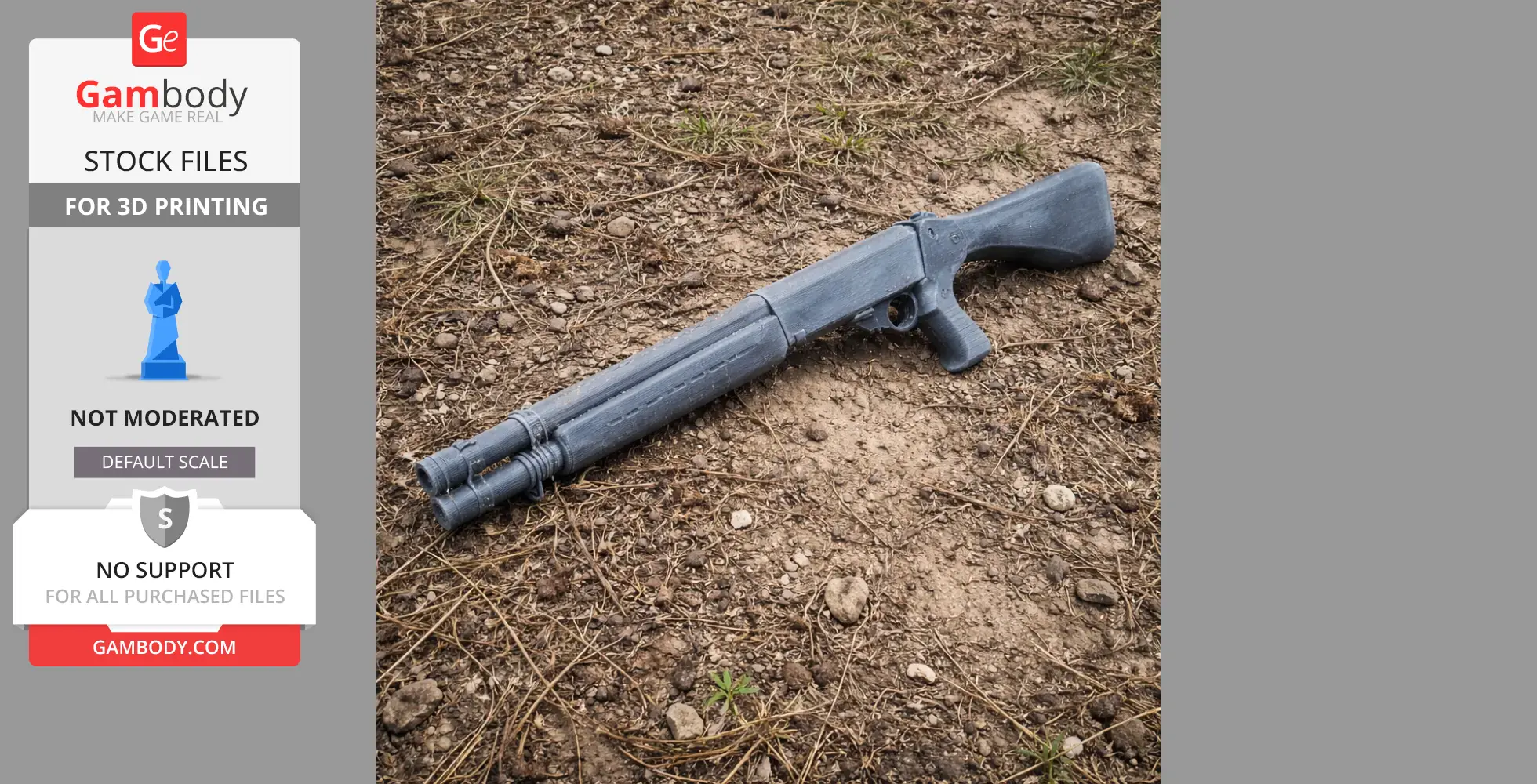 A gray 3D-printed Franchi LAW-12 prop lies on a patch of dry grass and dirt.