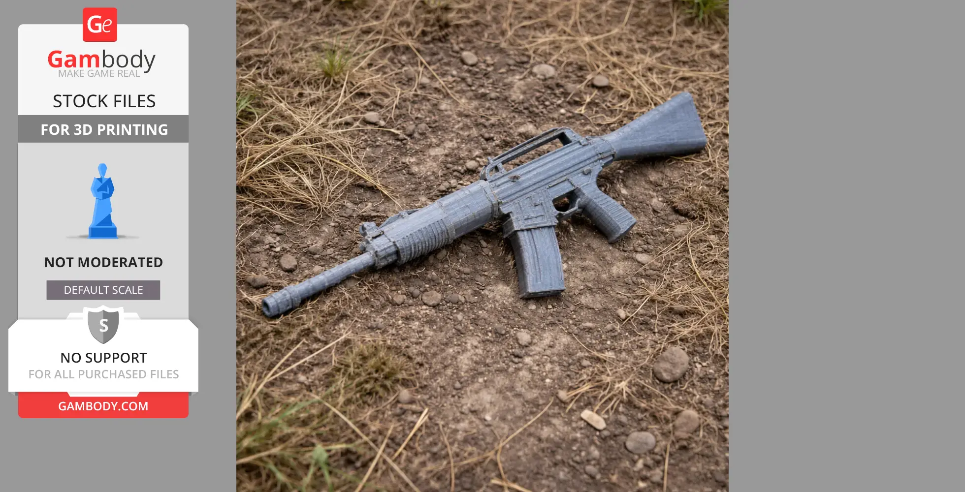 3D-printed model of a Franchi SPAS-15 prop rifle on rocky ground, intended for cosplay use.