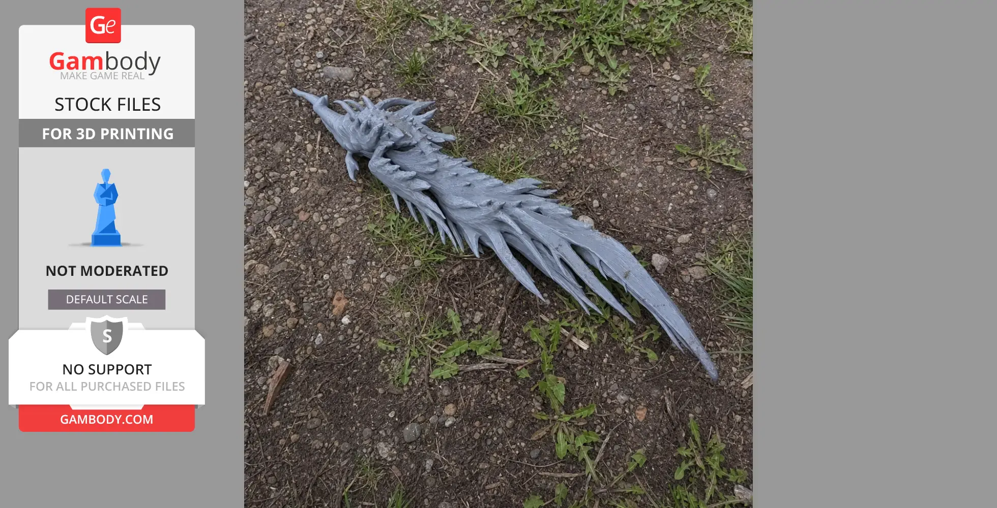 A detailed, jagged sword prop with a dragon-like design lies on dirt and grass.