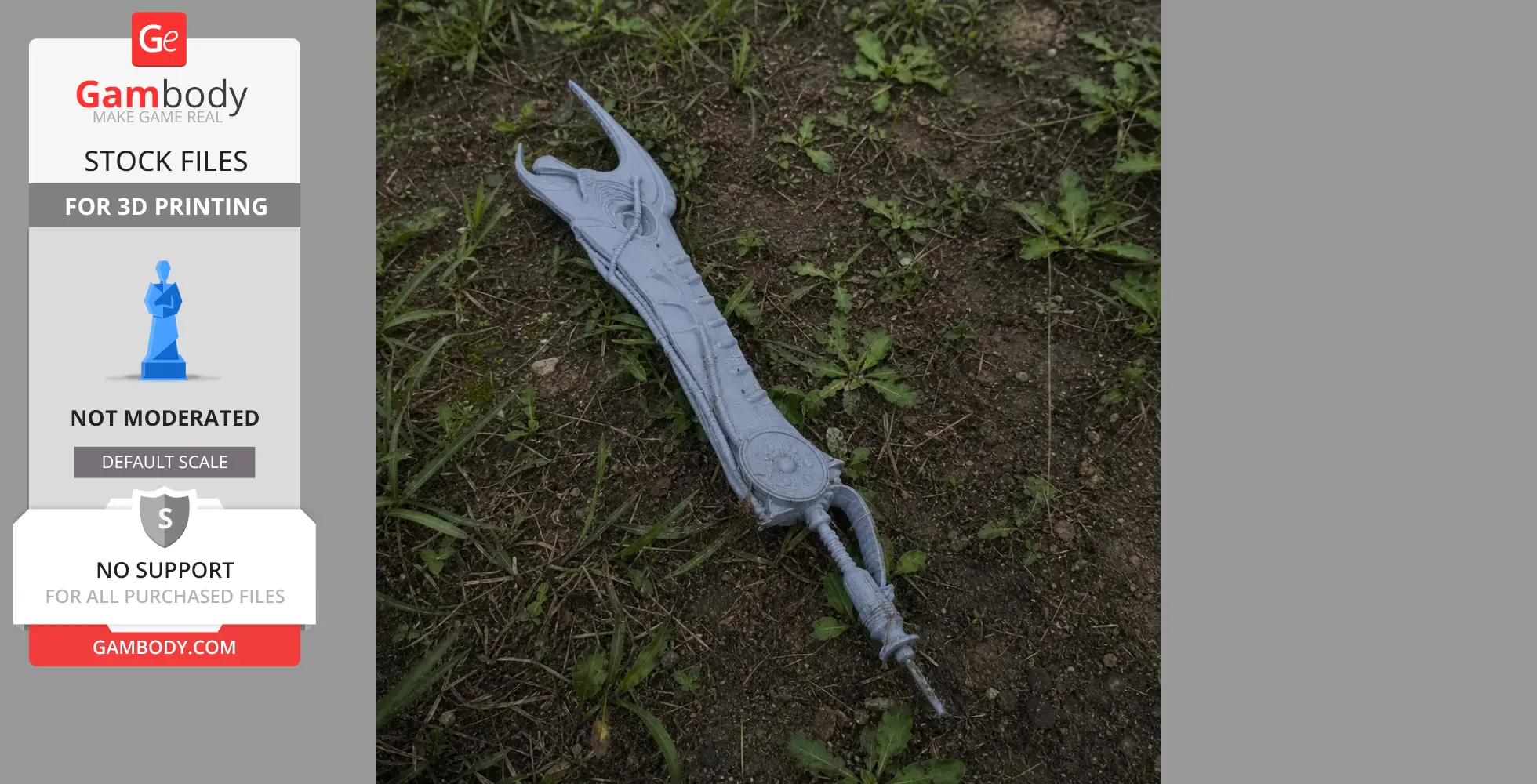 A 3D-printed fantasy sword prop with intricate designs, laid on grass and dirt.