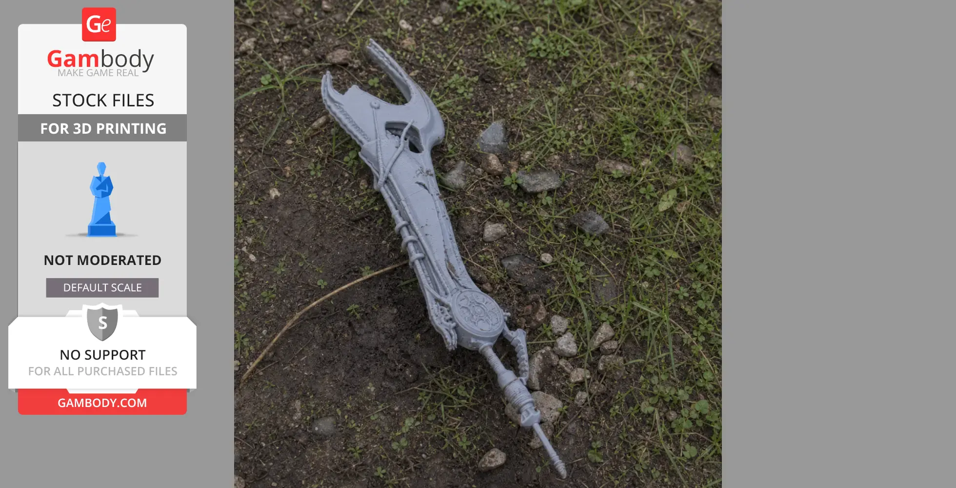A detailed, ornate fantasy sword prop lies on grass and soil, ready for 3D printing as a cosplay accessory.