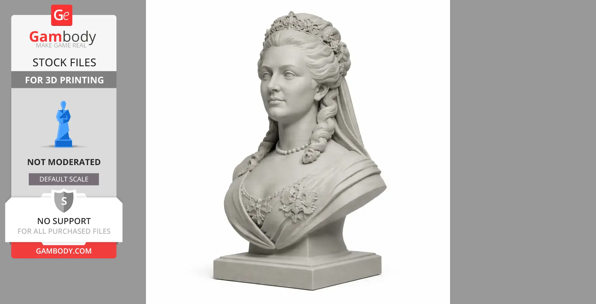 A detailed 3D bust of a historical woman with ornate hair and clothing, on a pedestal, for printing.
