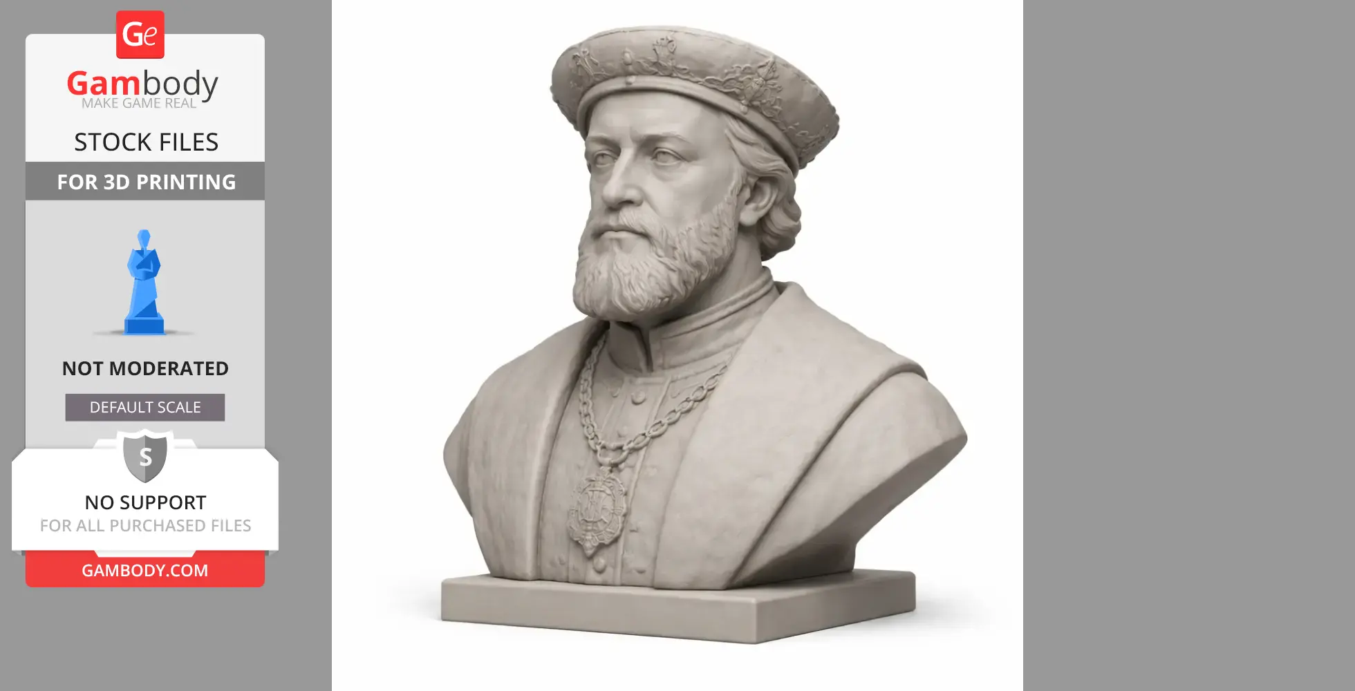 A 3D-printed bust of a historical warrior with a beard, ornate hat, and detailed clothing.
