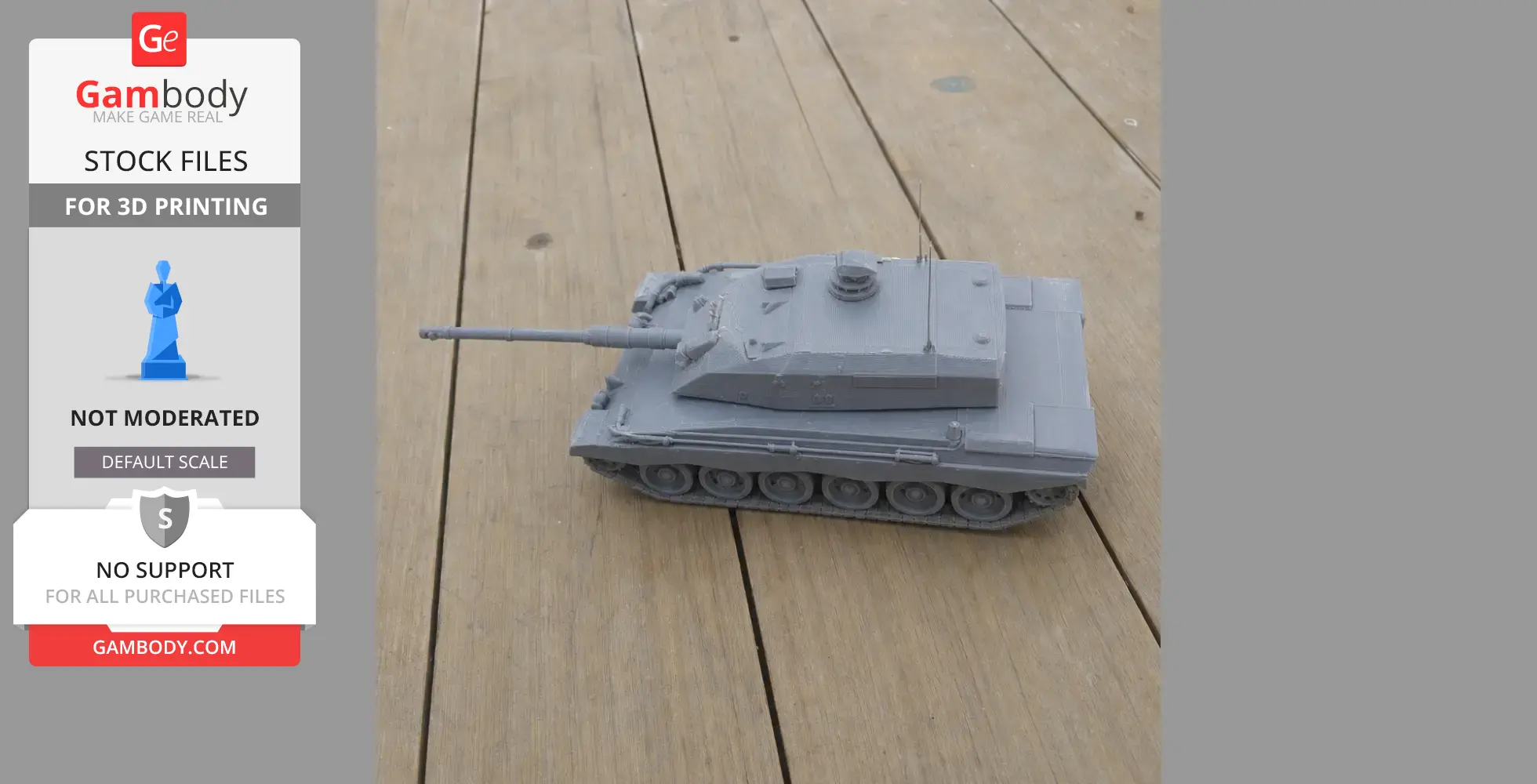 Gray 3D-printed model of a Challenger 3 tank on a wooden surface.