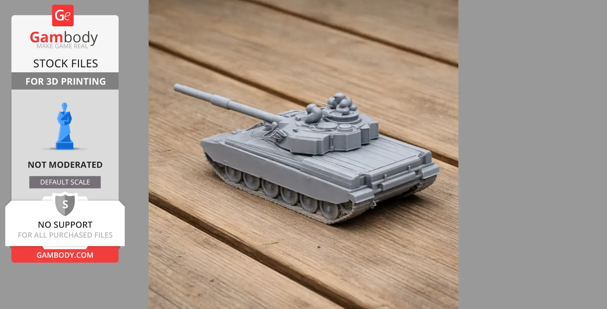 A detailed gray 3D printed model of a Chieftain tank on a wooden surface.