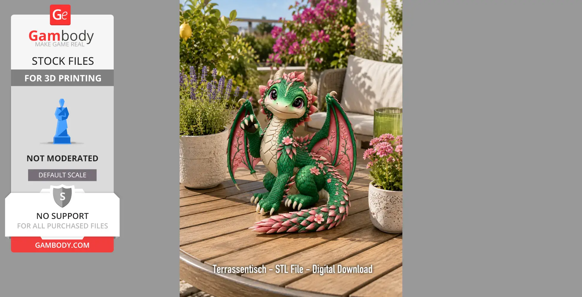 A cute, colorful baby dragon with flowers on its body sits on a wooden table surrounded by plants.