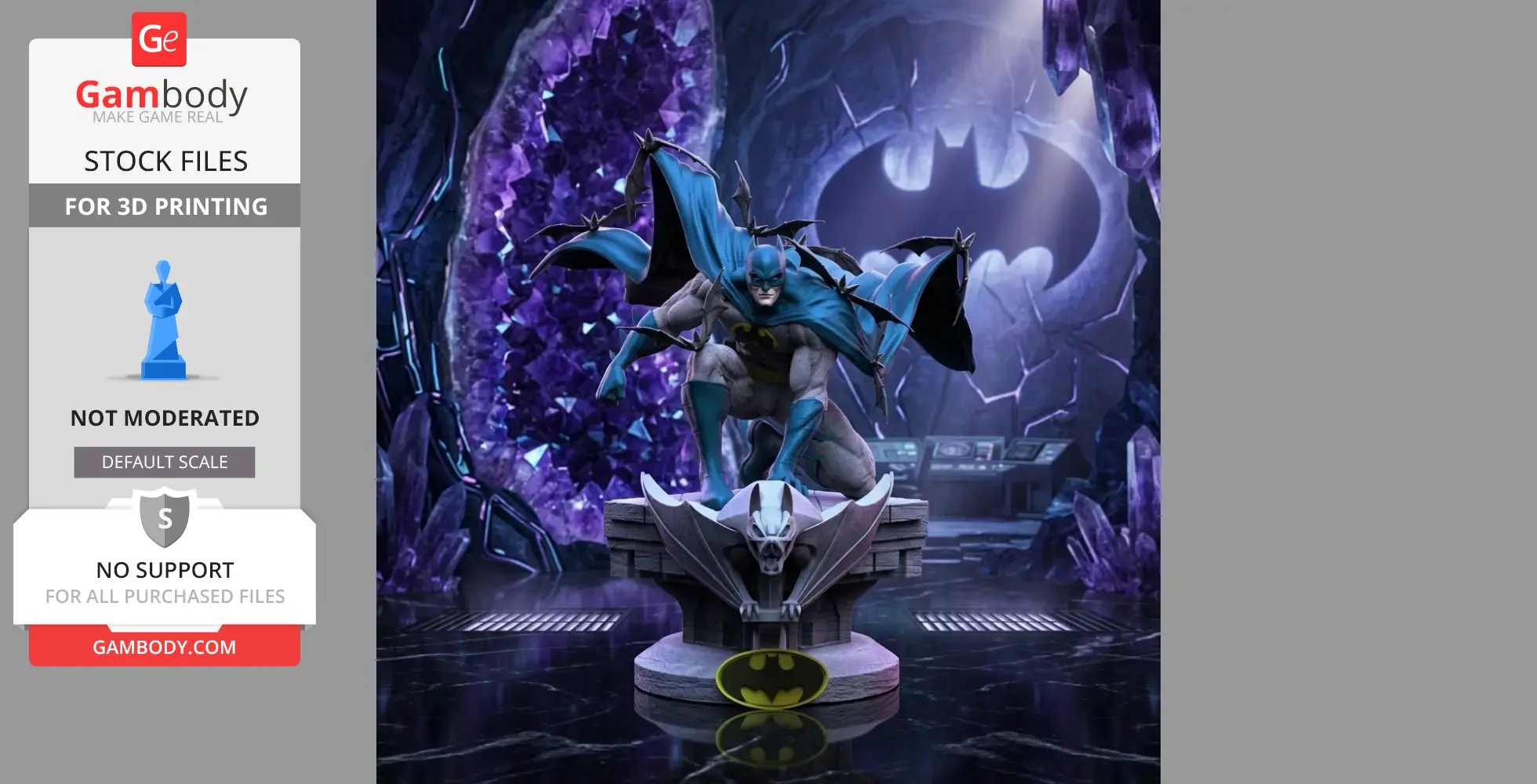 Batman in a dynamic pose atop a gargoyle, set against a bat-themed backdrop with crystal elements.