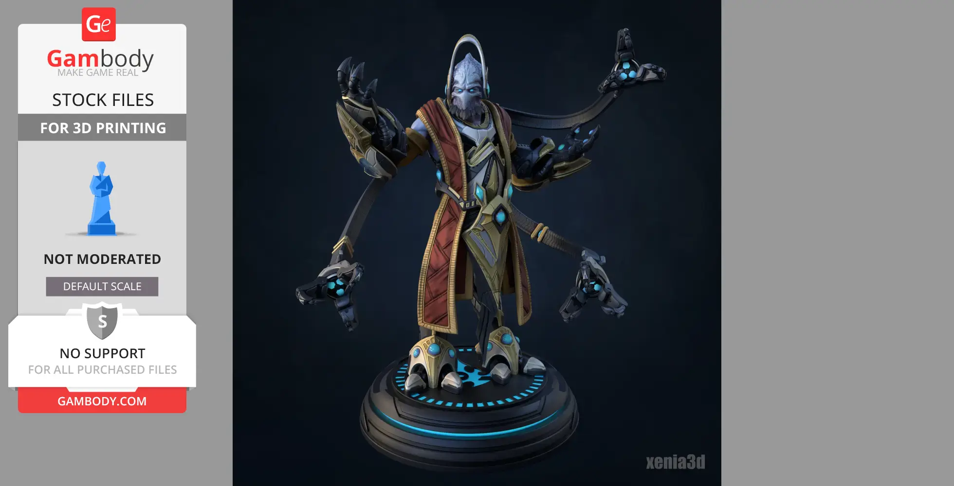 Futuristic alien figure with multiple arms, ornate robe, and glowing blue accents on a circular base.
