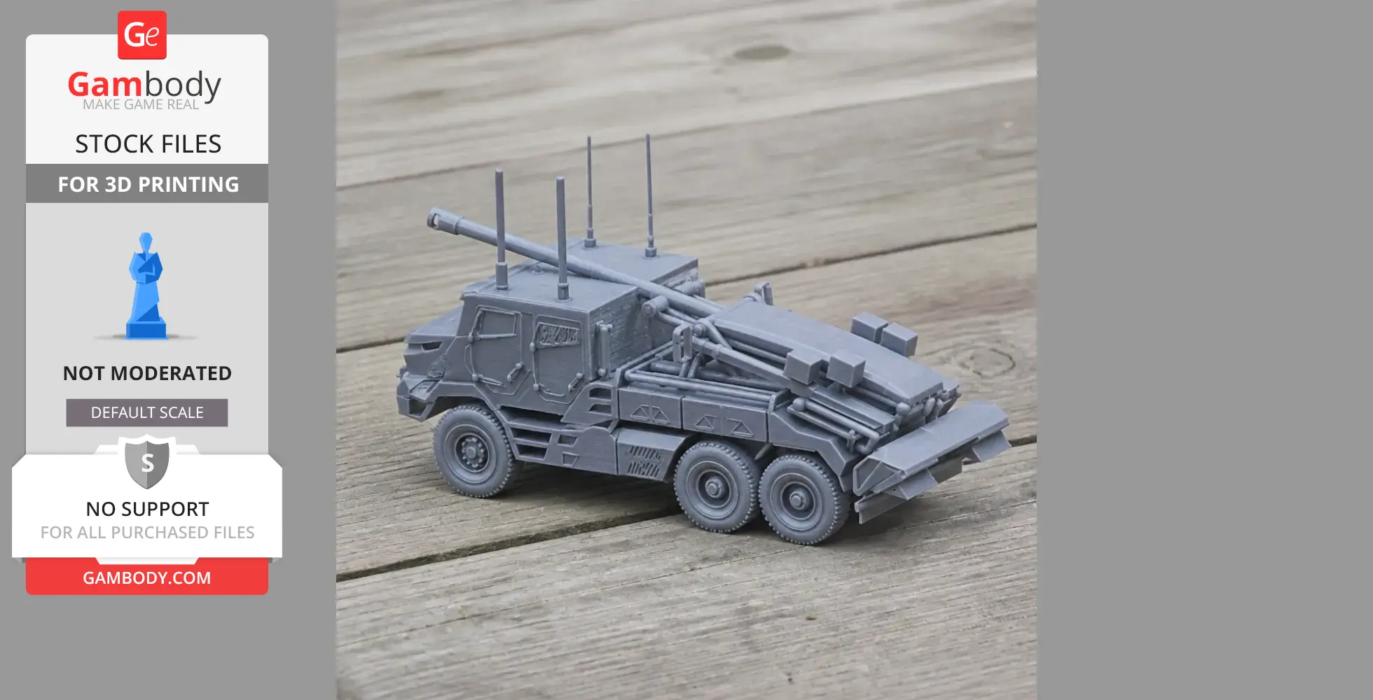 Gray 3D-printed wheeled Caesar SPG tank model displayed on a wooden surface.