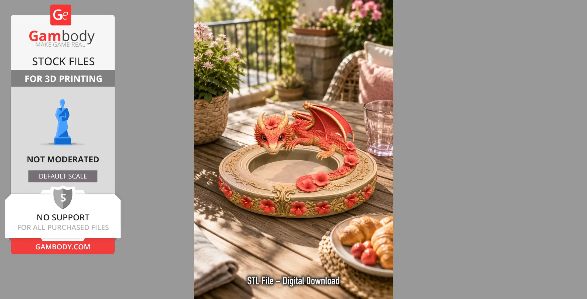 A decorative bowl with a red dragon and hibiscus flowers, ideal for 3D printing.