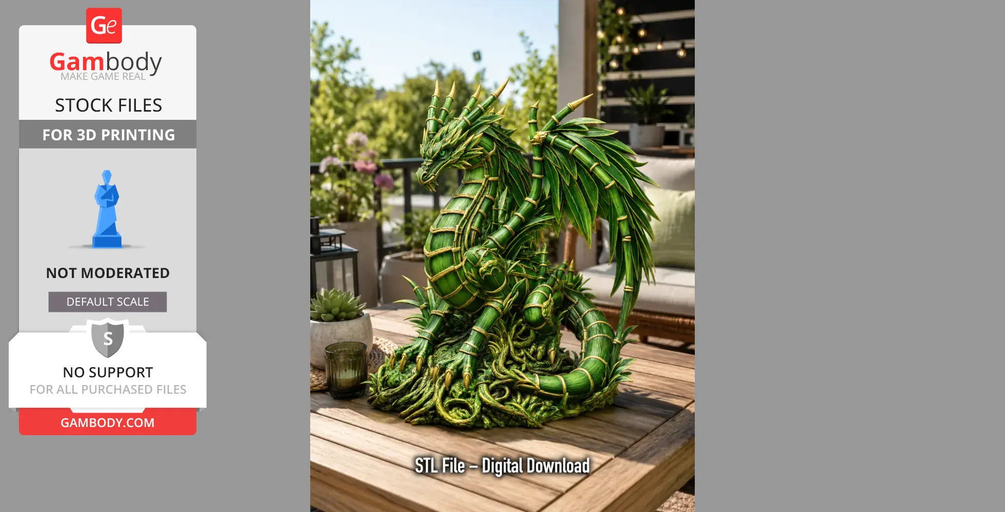 A detailed green dragon sculpture with bamboo-like features, perched on a table in an outdoor setting.