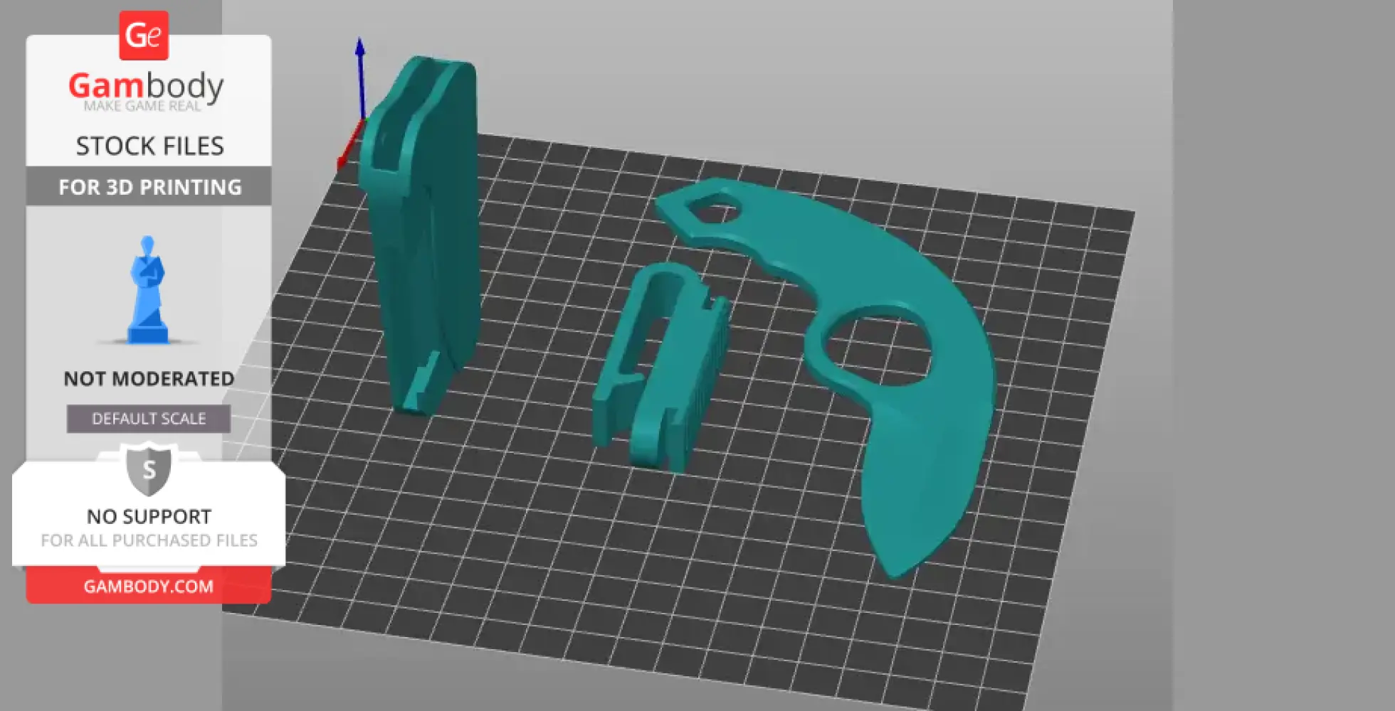 3D model of a holster, clip, and knife parts for printing displayed on a grid.