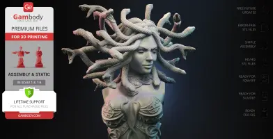 A detailed bust of Medusa, featuring her snake hair, intricately sculpted for 3D printing.