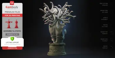 A 3D bust of Medusa with snake hair on a detailed pedestal, designed for 3D printing.