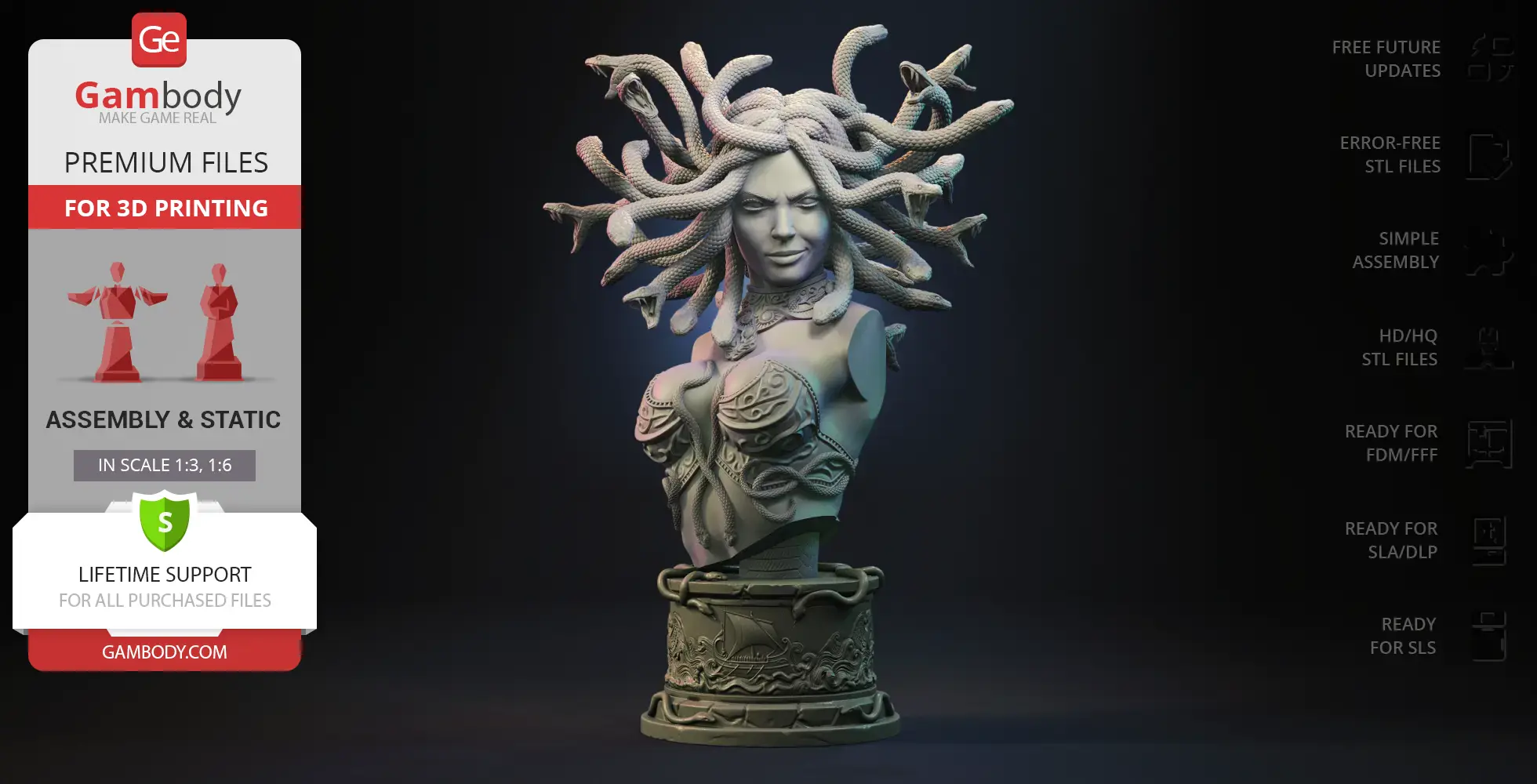 Bust of Medusa Gorgon with snake hair, intricate armor, and detailed base for 3D printing.